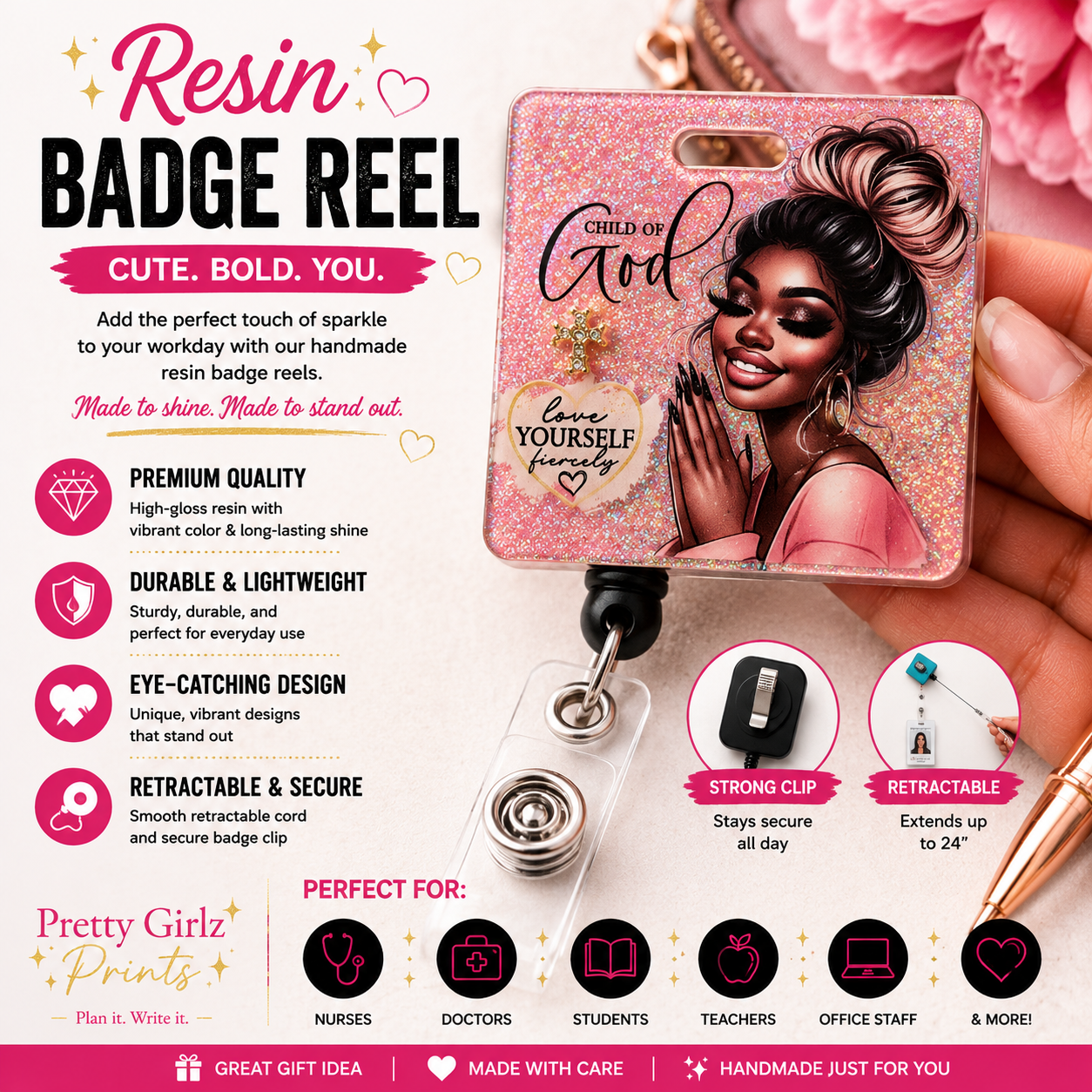 Child of God Glitter Resin Retractable Badge Reel