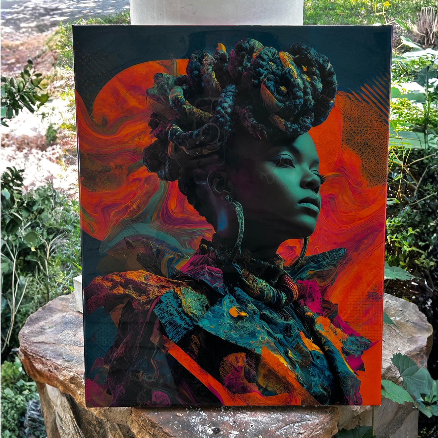 Colorful artwork of a stylized figure with intricate details on a garden background