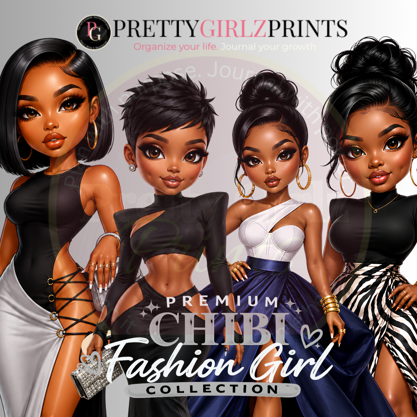 Premium Chibi Fashion Girl Collection PNG Bundle | Luxury Black Girl Digital Download Set