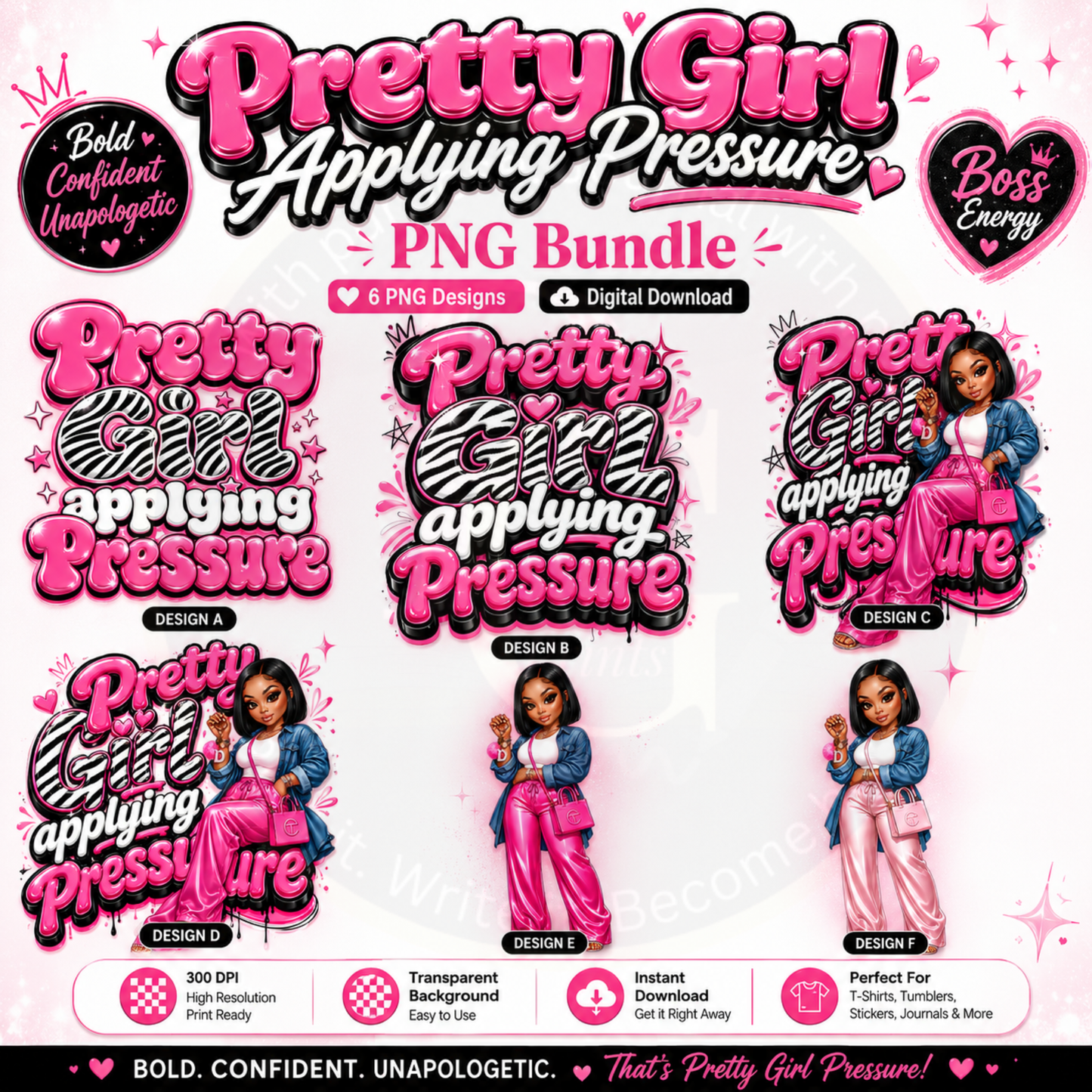 Pretty Girl Applying Pressure PNG Bundle with digital download options on a white background.