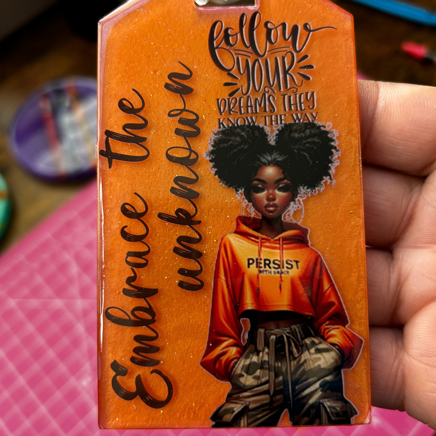 Resin Motivational Luggage Tag – “Embrace the Unknown” Inspirational Handmade Glitter Tag