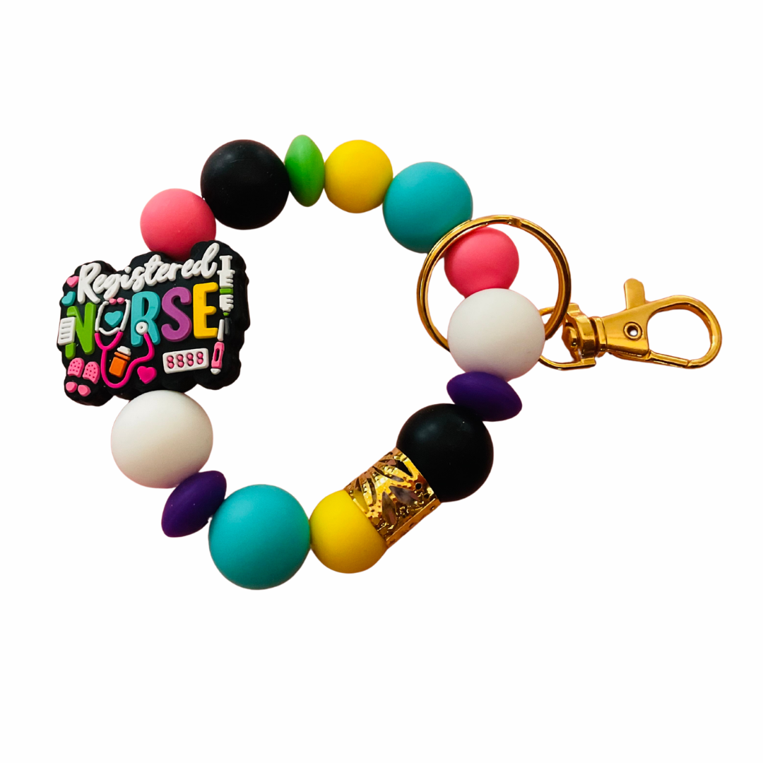Colorful beaded keychain with 'Registered Nurse' tag on a white background