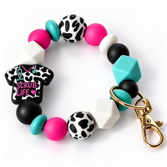 Scrub Life – Cow Print Nurse Beaded Wristlet Keychain