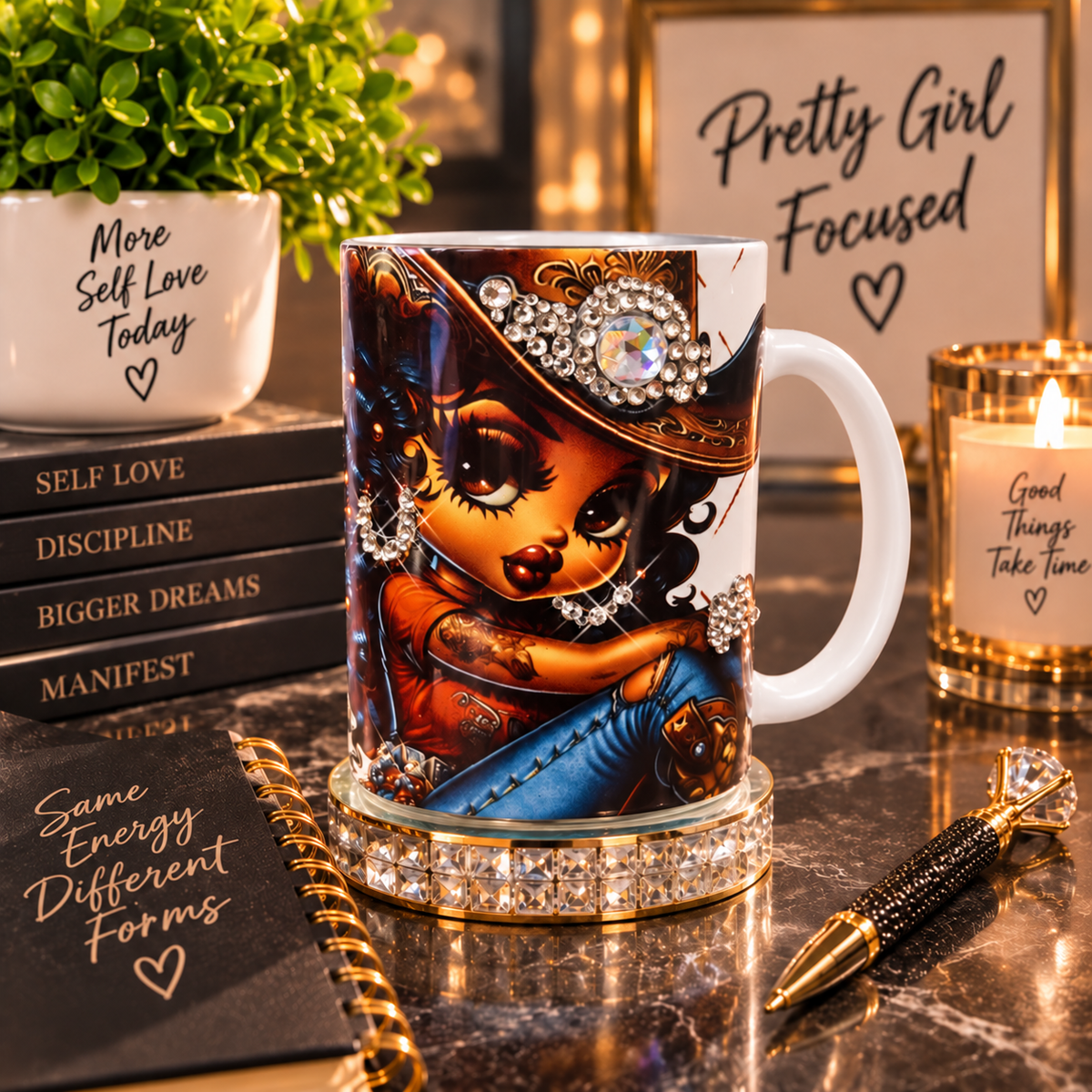 Pretty Girl Focused glam cowgirl bling mug with rhinestone hat and crystal base on marble desk
