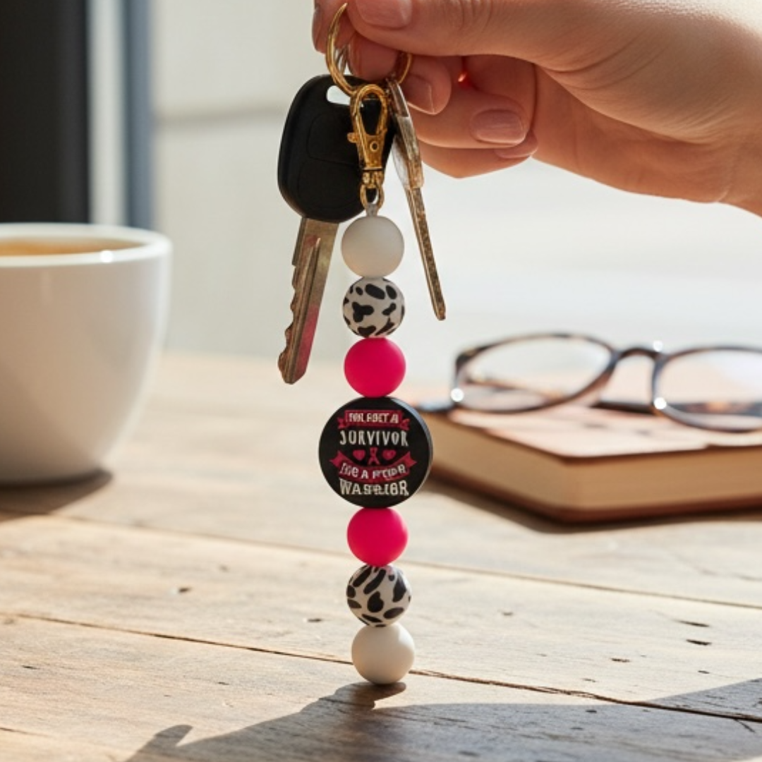 Keychain with colorful beads and text held by a hand on a wooden surface with a cup and glasses in the background.