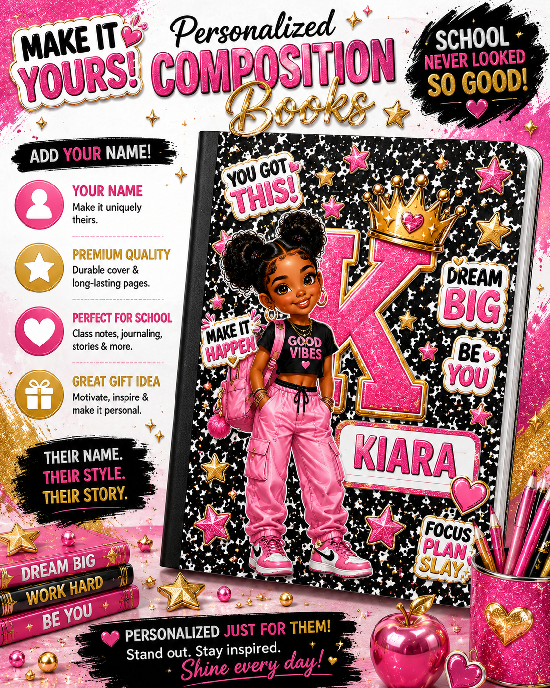 Personalized Composition Notebook & Spiral Notebook | Custom Pretty Girl Prints