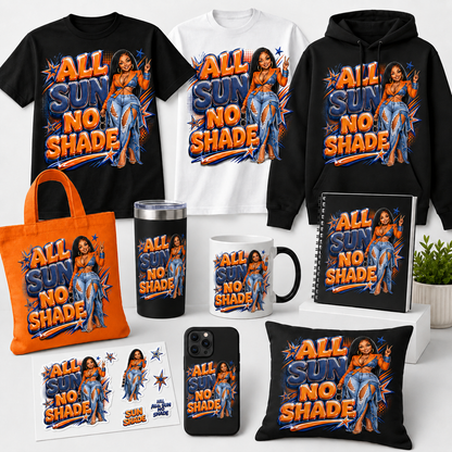 All Sun No Shade PNG | Trendy Black Girl Summer Digital Download | Orange & Denim Chibi Girl Sublimation Design | Instant Download