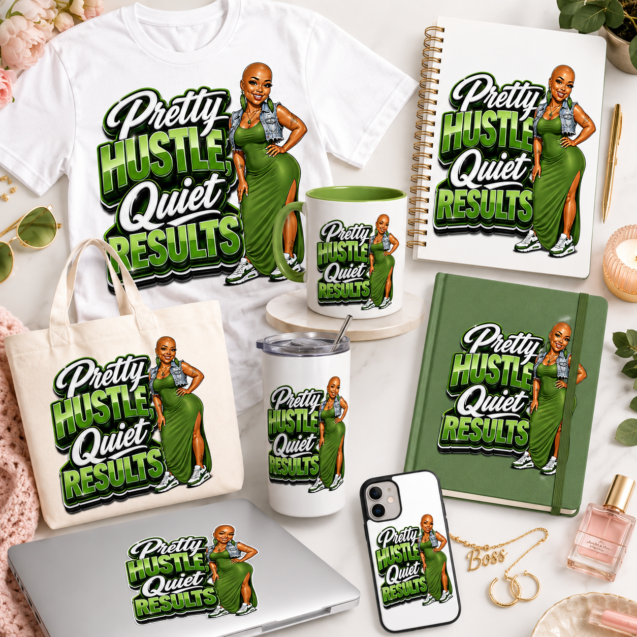 Pretty Hustle, Quiet Results PNG Graphic | Motivational Entrepreneur Design | Digital Download