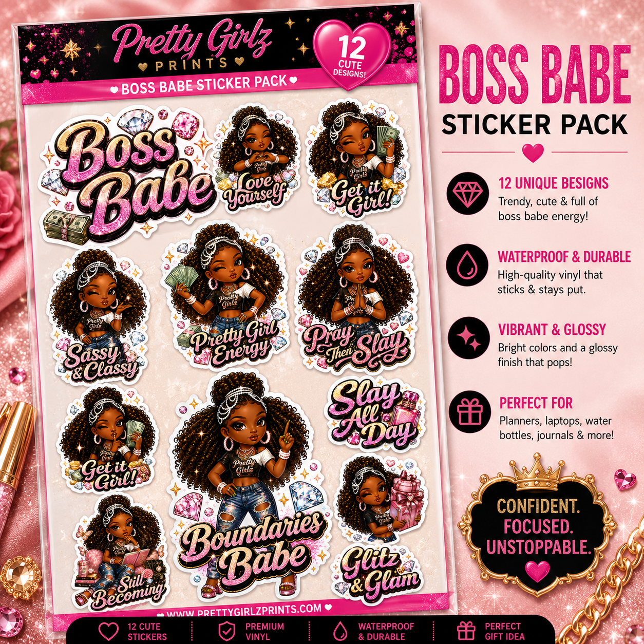 Nyla Boss Babe Glam Sticker Pack – Pretty Girlz Prints Vinyl Sticker Sheet