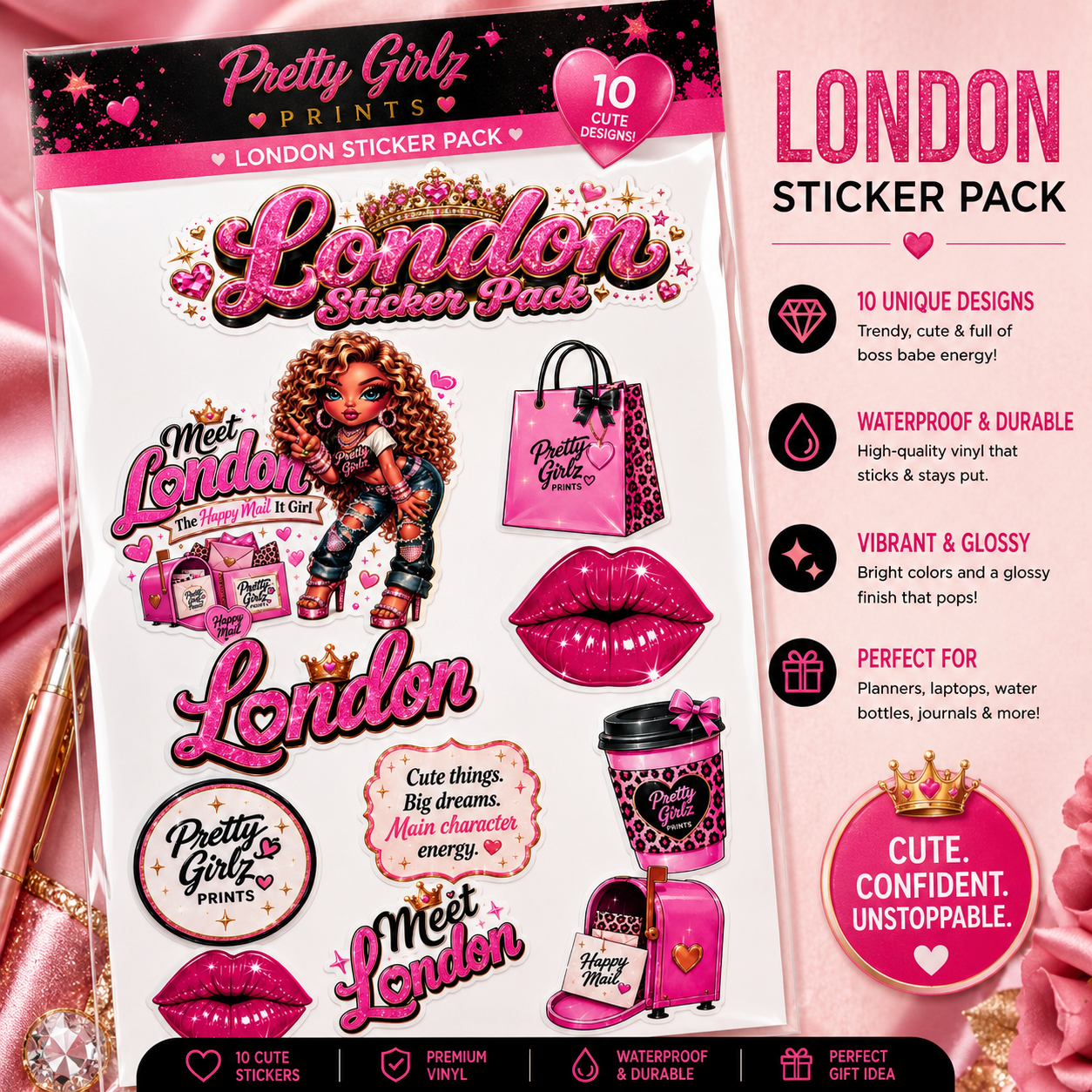 London Sticker Pack | Pretty Girlz Happy Mail Sticker Sheet | Pink Glam Vinyl Stickers