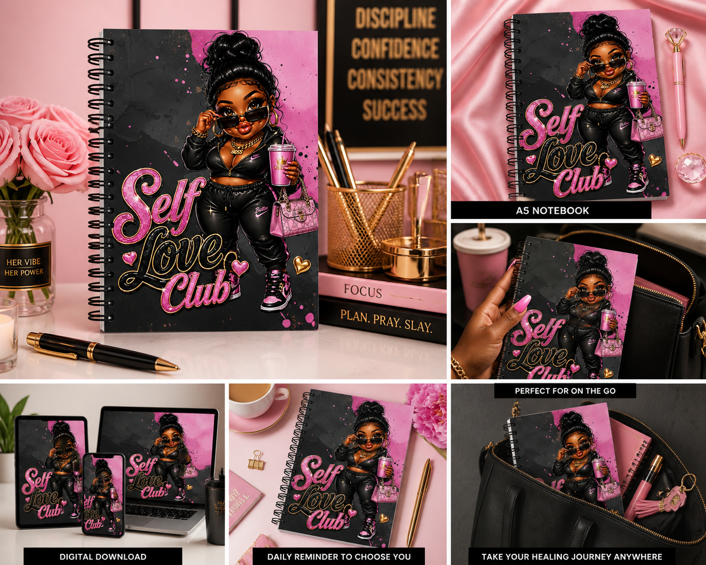 Self Love Club Spiral Notebook | Boss Babe Journal | Cute Pink & Black Aesthetic Planner | Self-Care & Confidence Journal for Women