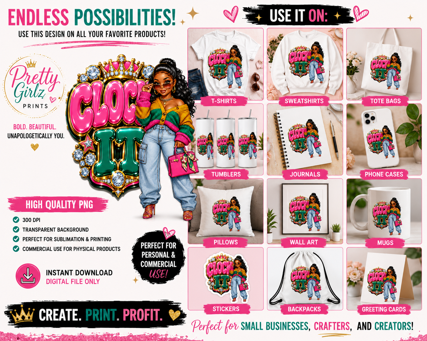 Pretty Girl Chibi Graphic PNG Bundle | Fashionable Black Girl Cartoon Clipart | Digital Download