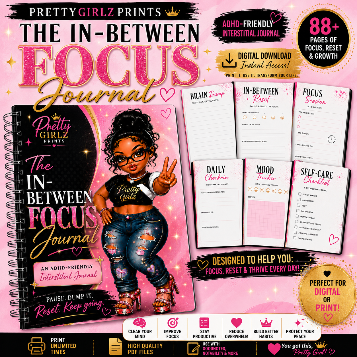 The In-Between Focus Journal | ADHD-Friendly Digital Journal | Printable Interstitial Productivity Planner | Instant Download