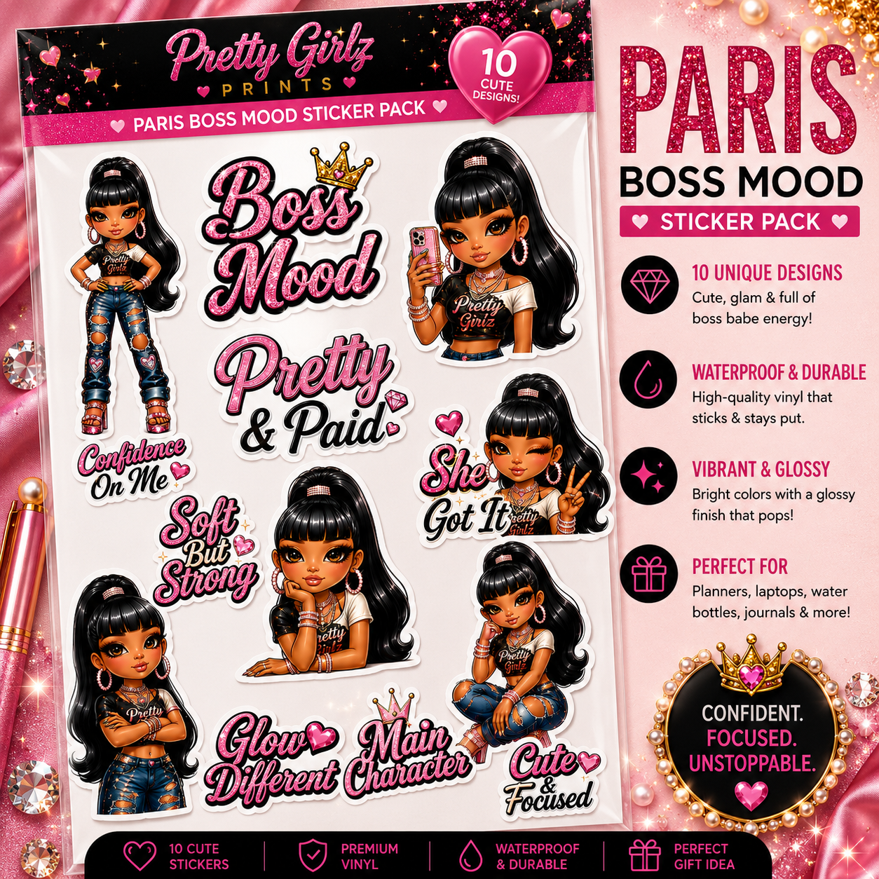 Paris Boss Mood Sticker Pack – Pretty & Paid Glam Vinyl Sticker Sheet