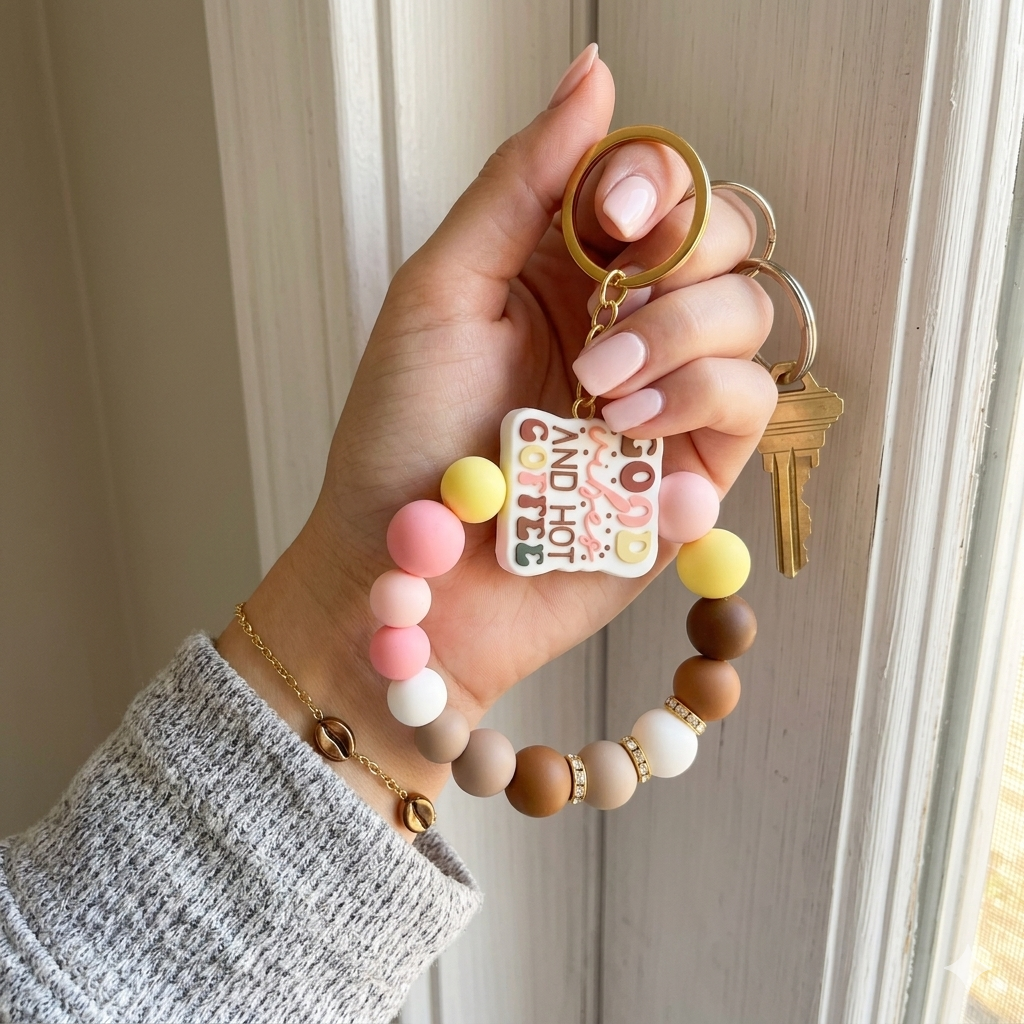 Hand holding a colorful keychain with a key against a neutral background