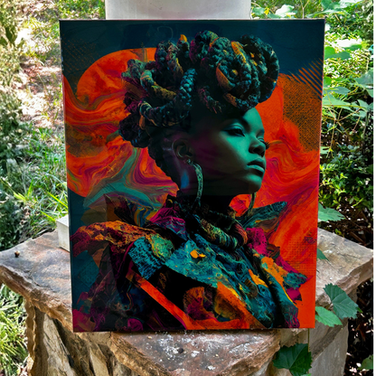 Colorful artwork of a figure with intricate headpiece on a stone surface outdoors.