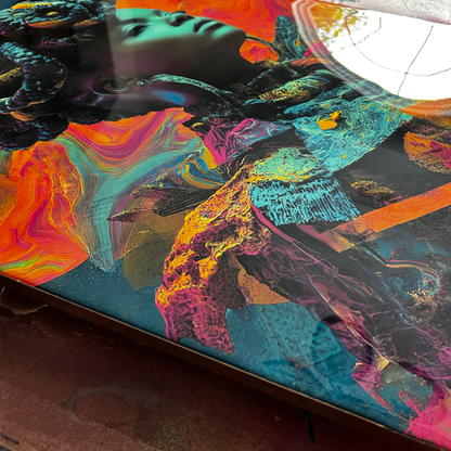 Colorful abstract art with a woman's face and flowing hair.
