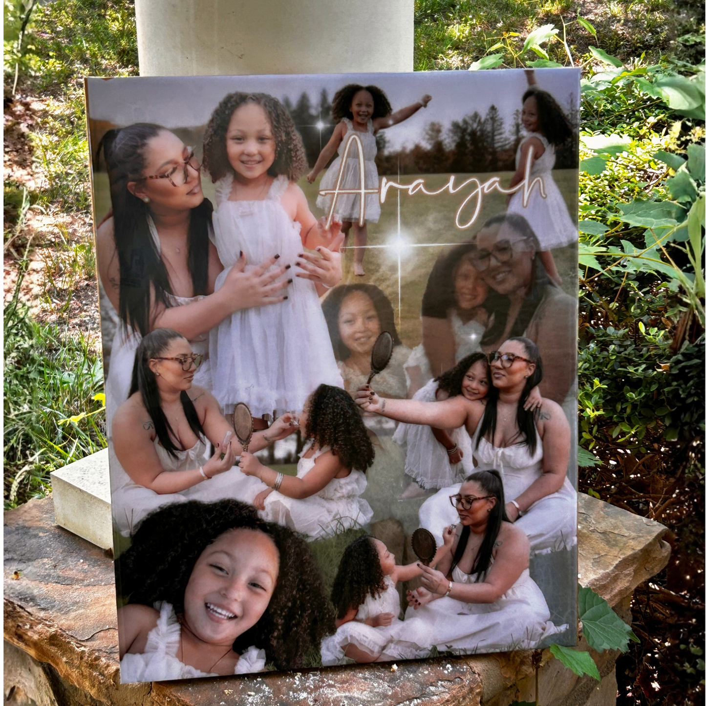 Collage of a woman and child in a forest setting with 'Arayah' text.