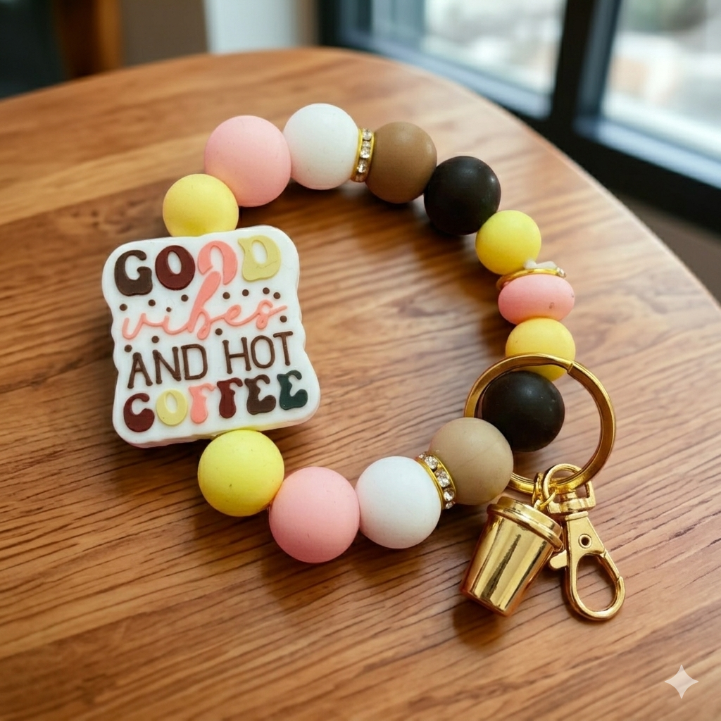 Good Vibes & Hot Coffee Beaded Keychain | Cute Coffee Lover Wristlet | Pretty Girl Accessory
