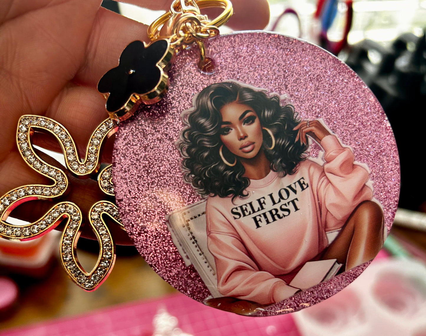 Self Love First Handmade Glitter Resin Keychain | Affirmation Gift for Women