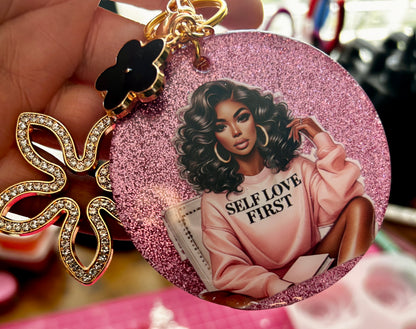 Self Love First Handmade Glitter Resin Keychain | Affirmation Gift for Women