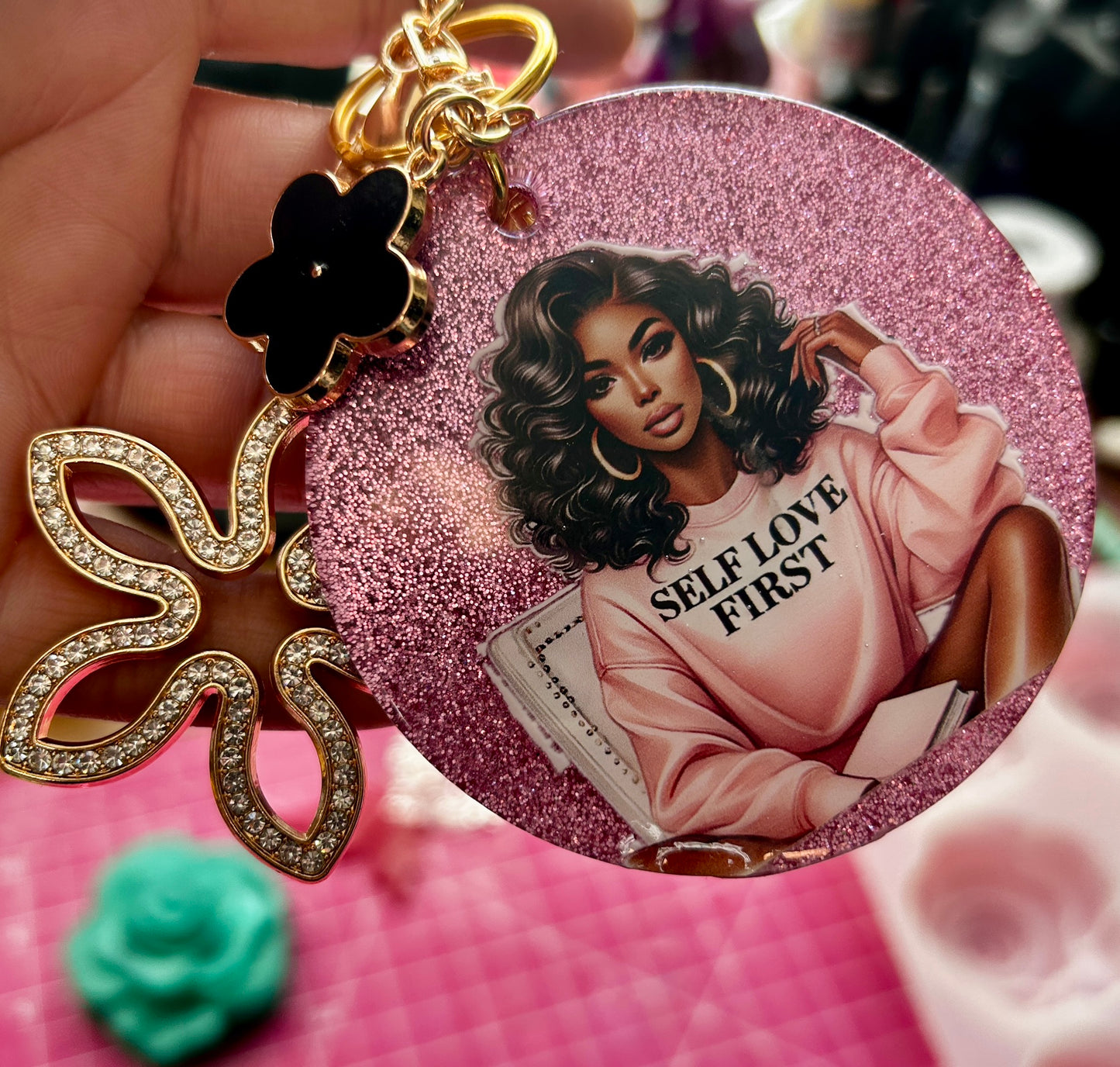 Self Love First Handmade Glitter Resin Keychain | Affirmation Gift for Women