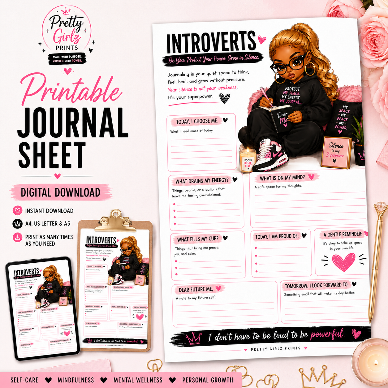 Introvert-friendly printable journaling sheet to reset your mind, protect your peace, and reflect gently. Instant download. Print or use digitally.