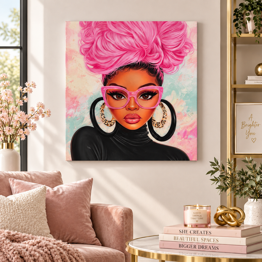 Pink glam wall art canvas print featuring melanated woman with pink hair and leopard hoop earrings in pastel living room