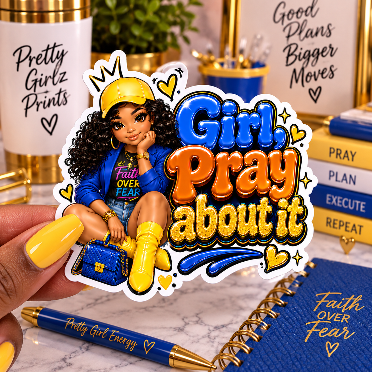 Girl Pray About It die-cut sticker – Black girl illustration with blue, orange and gold 3D bubble lettering, waterproof vinyl sticker for planners and laptops