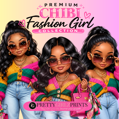 Pretty Girl Chibi Graphic PNG Bundle | Fashionable Black Girl Cartoon Clipart | Digital Download