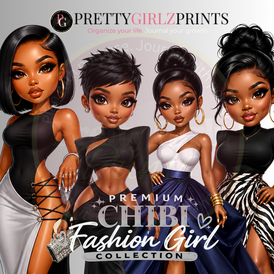 Premium Chibi Fashion Girl PNG Bundle | Luxury Black Girl Graphics