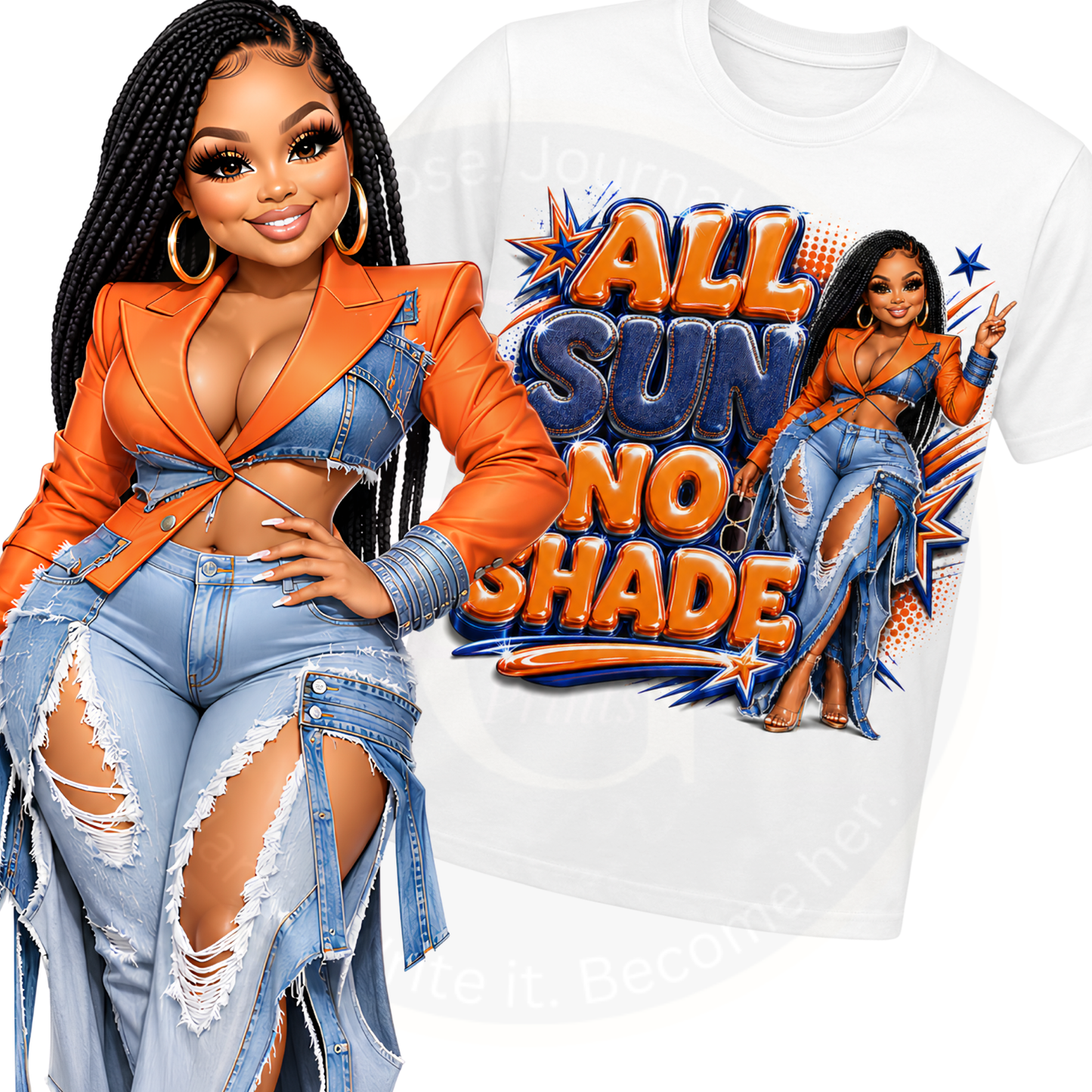 All Sun No Shade PNG | Trendy Black Girl Summer Digital Download | Orange & Denim Chibi Girl Sublimation Design | Instant Download