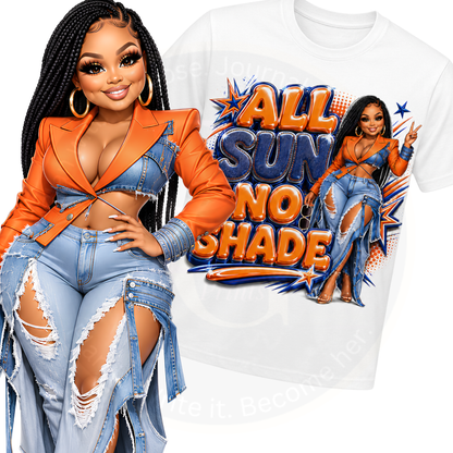 All Sun No Shade PNG | Trendy Black Girl Summer Digital Download | Orange & Denim Chibi Girl Sublimation Design | Instant Download