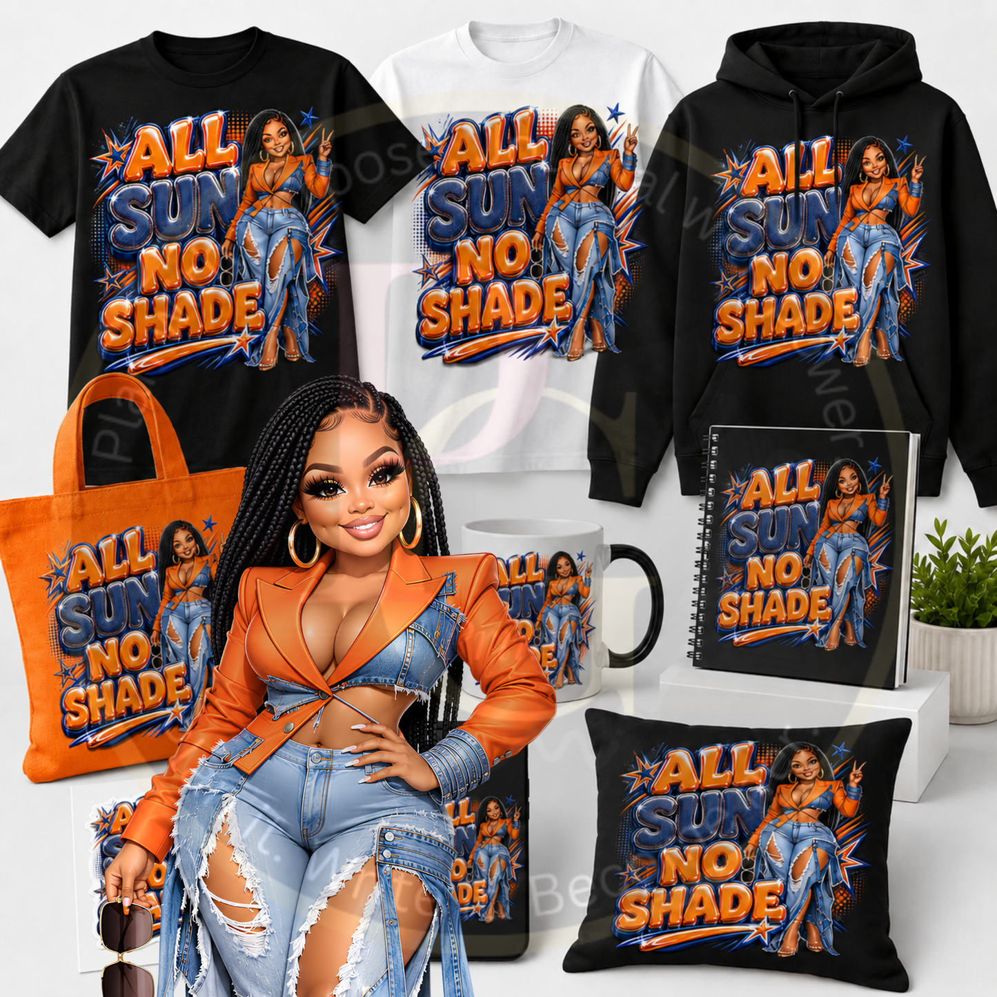 All Sun No Shade PNG | Trendy Black Girl Summer Digital Download | Orange & Denim Chibi Girl Sublimation Design | Instant Download