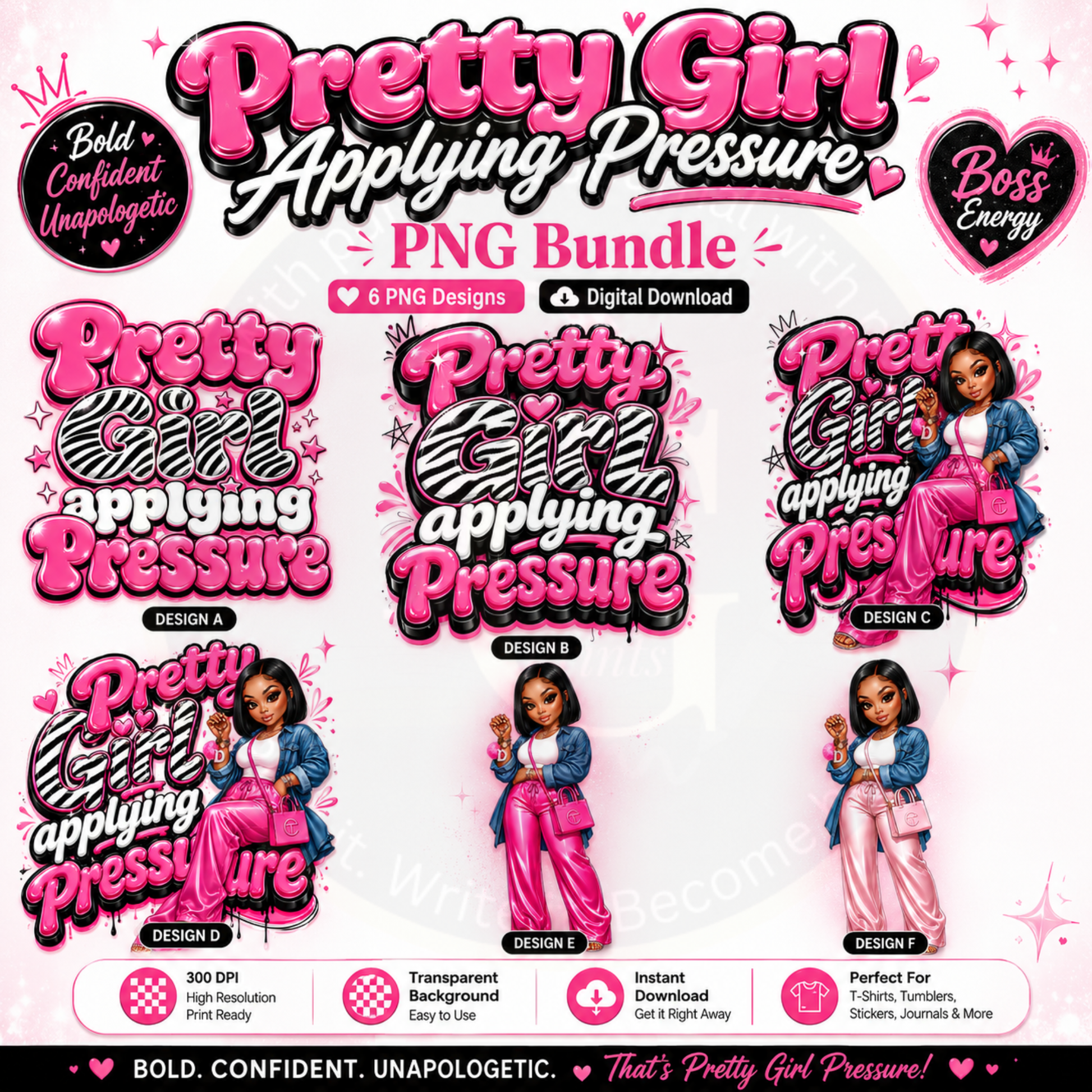 Pretty Girl Applying Pressure PNG Bundle with digital download options on a white background.
