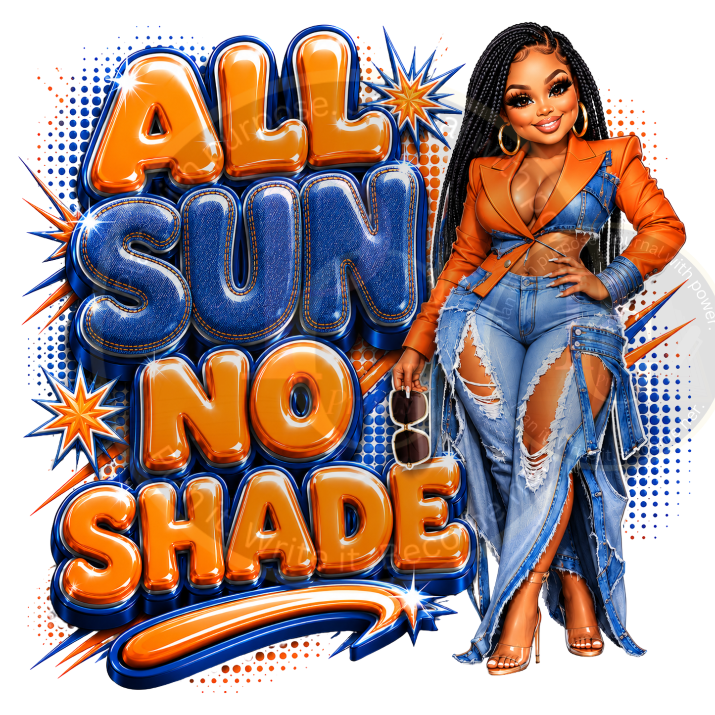 All Sun No Shade PNG | Trendy Black Girl Summer Digital Download | Orange & Denim Chibi Girl Sublimation Design | Instant Download