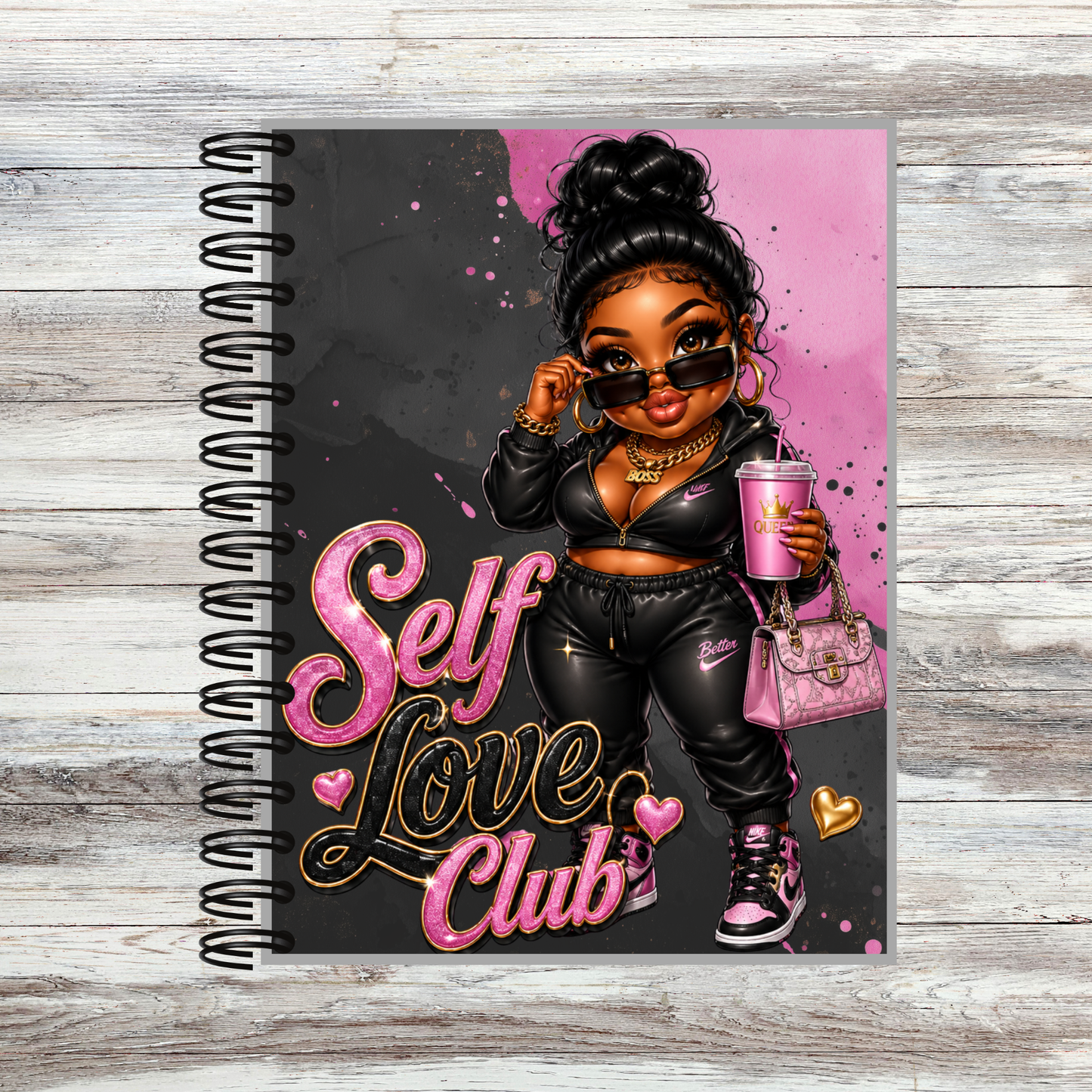 Self Love Club Spiral Notebook | Boss Babe Journal | Cute Pink & Black Aesthetic Planner | Self-Care & Confidence Journal for Women