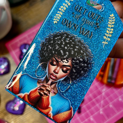 Blue glitter handmade resin luggage tag with inspirational quote and artwork, designed for luggage, backpacks, and travel accessories.