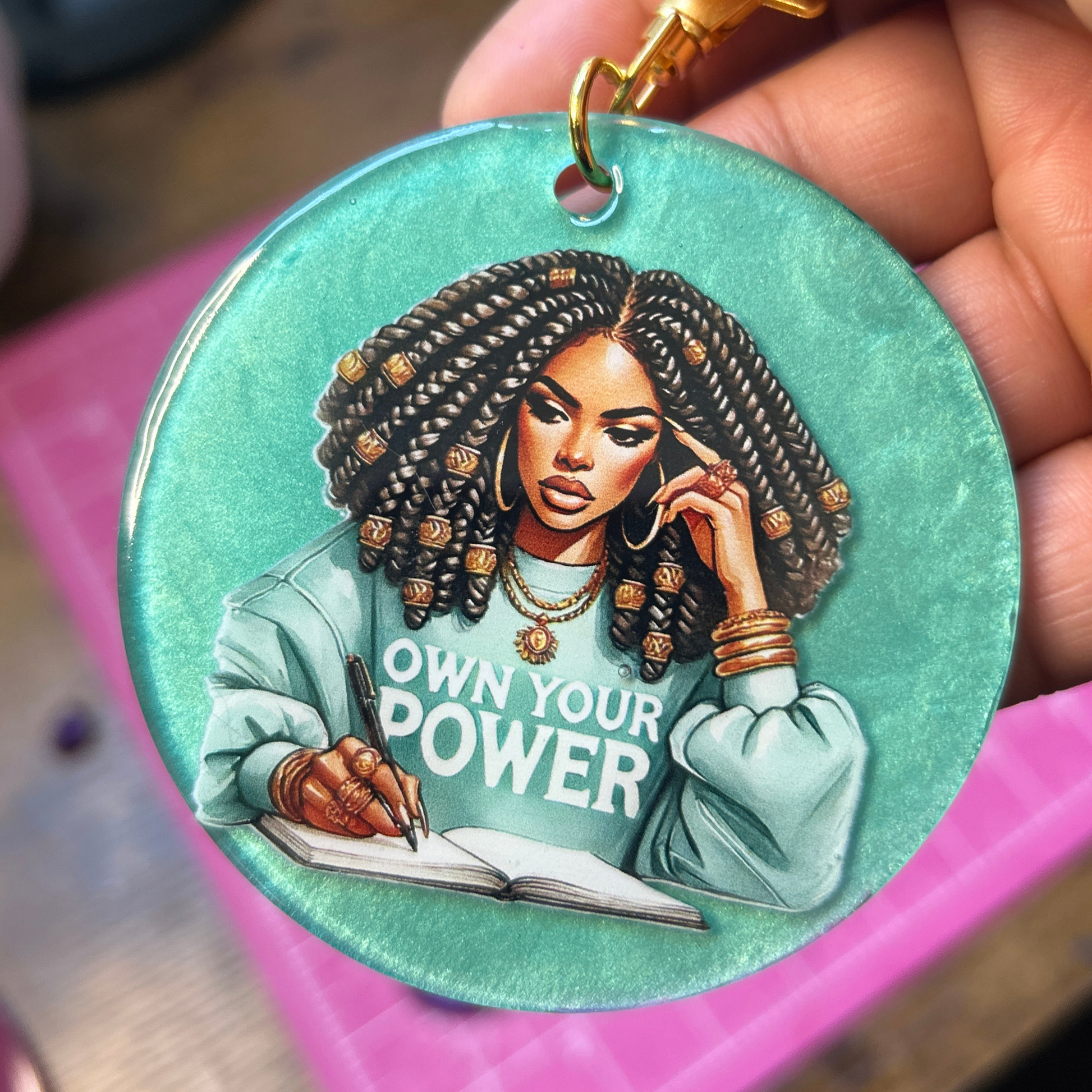resin keychain, motivational keychain, own your power gift, handmade keychain, purse charm, self love gift, women empowerment gift, cute keychain, glitter resin accessory, Pretty Girlz Prints