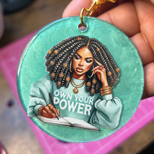 resin keychain, motivational keychain, own your power gift, handmade keychain, purse charm, self love gift, women empowerment gift, cute keychain, glitter resin accessory, Pretty Girlz Prints