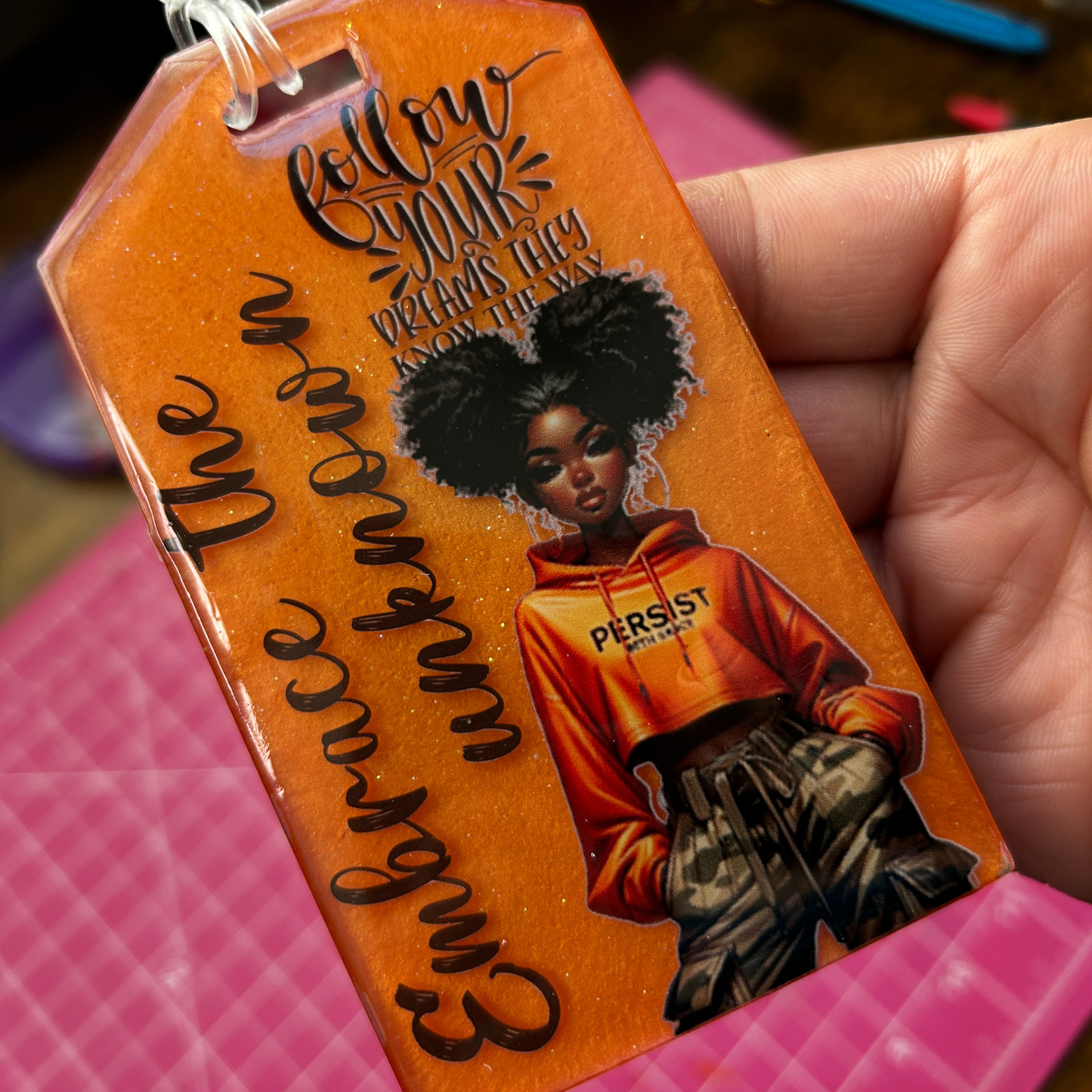 Resin Motivational Luggage Tag – “Embrace the Unknown” Inspirational Handmade Glitter Tag