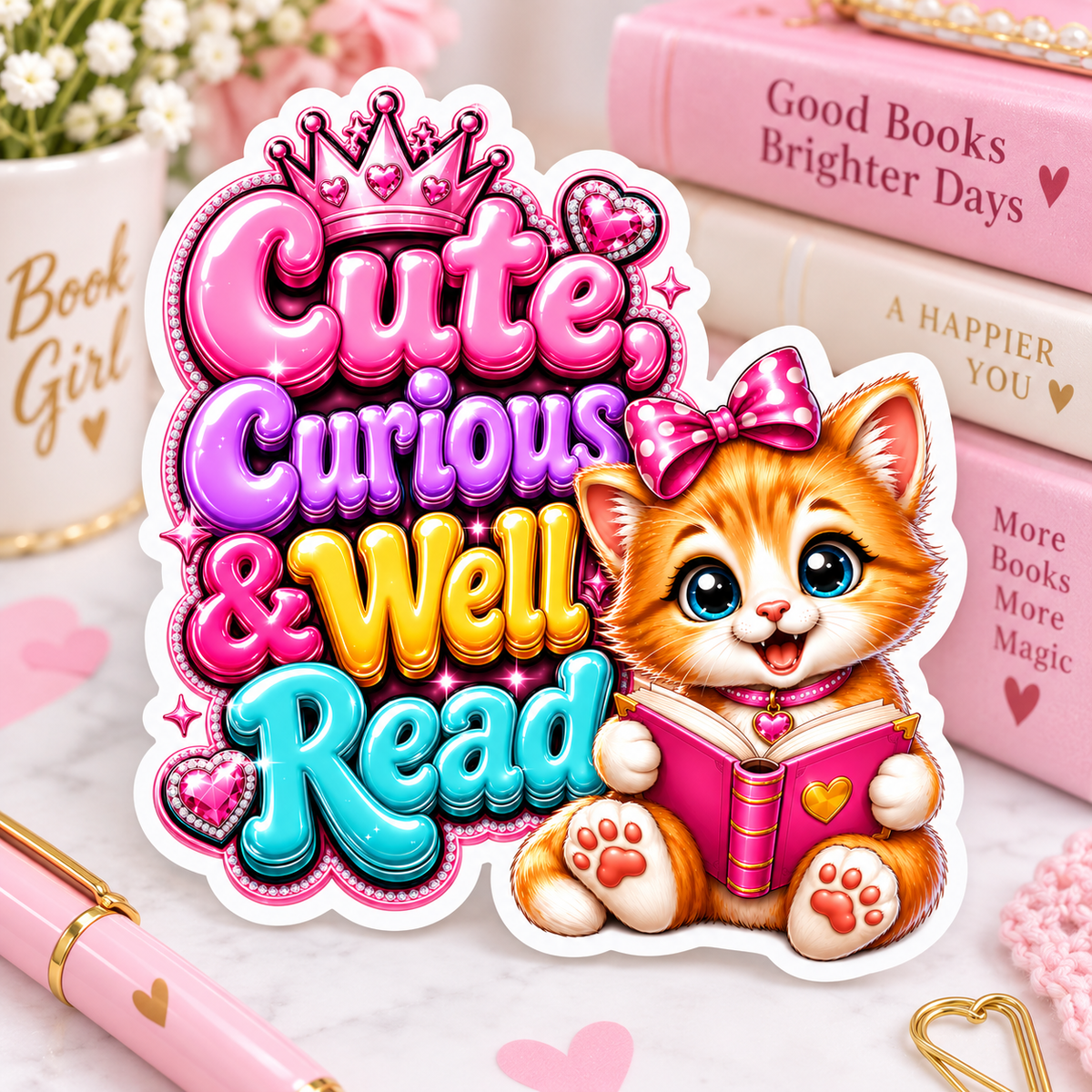 Cute Curious and Well Read glam cat sticker with pink crown and bold colorful lettering
