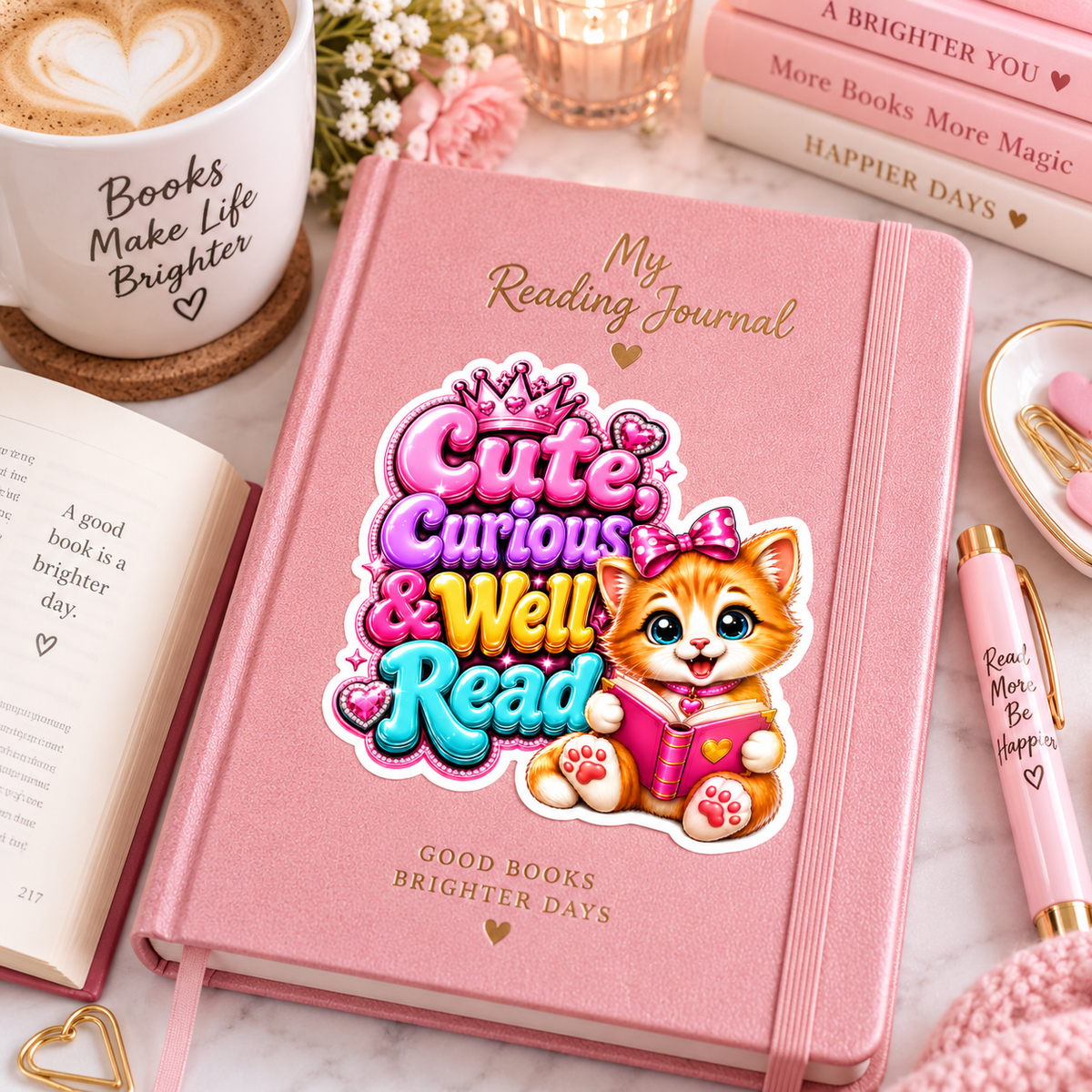 Cute Curious and Well Read cat sticker shown on a pink reading journal mockup
