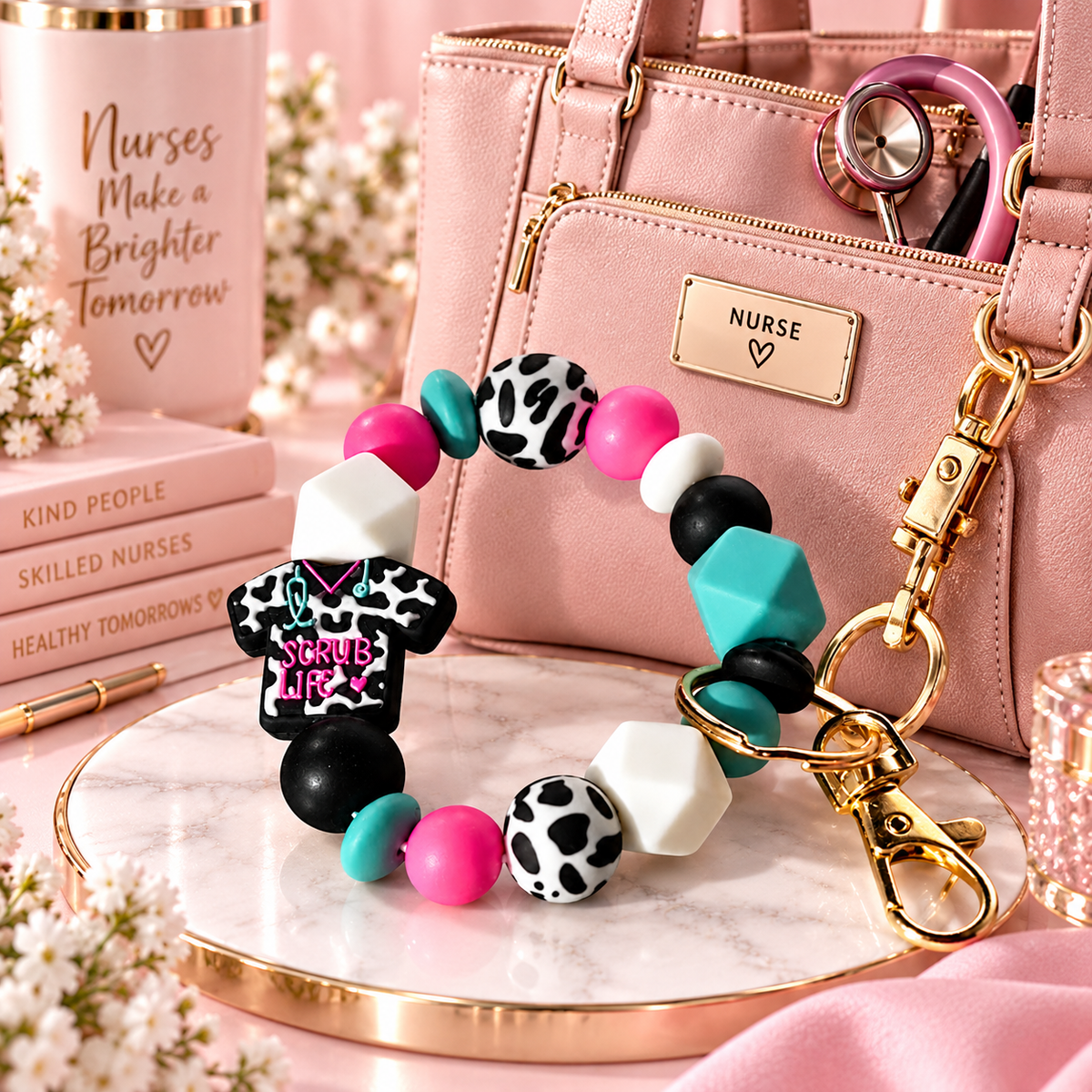 Scrub Life – Cow Print Nurse Beaded Wristlet Keychain