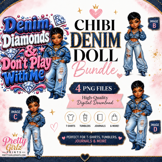 Chibi Denim Doll Bundle | 4 PNG Clipart Files for Sublimation