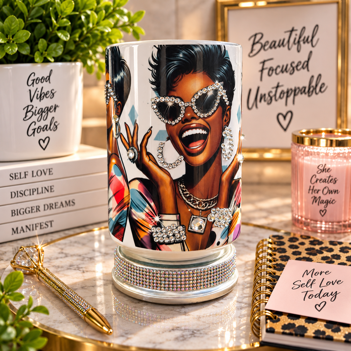 Beautiful Focused Unstoppable glam bling tumbler with melanin queen illustration and rhinestone base