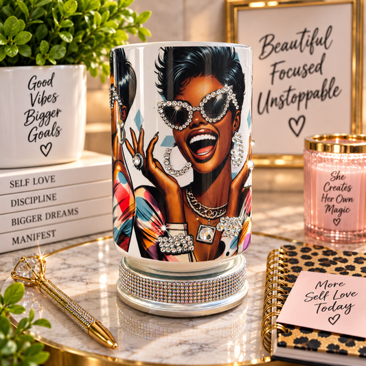 Beautiful Focused Unstoppable glam bling tumbler with melanin queen illustration and rhinestone base