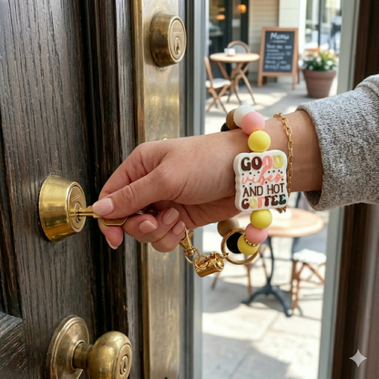 Hand unlocking a door with a decorative keychain, outdoor cafe visible in the background