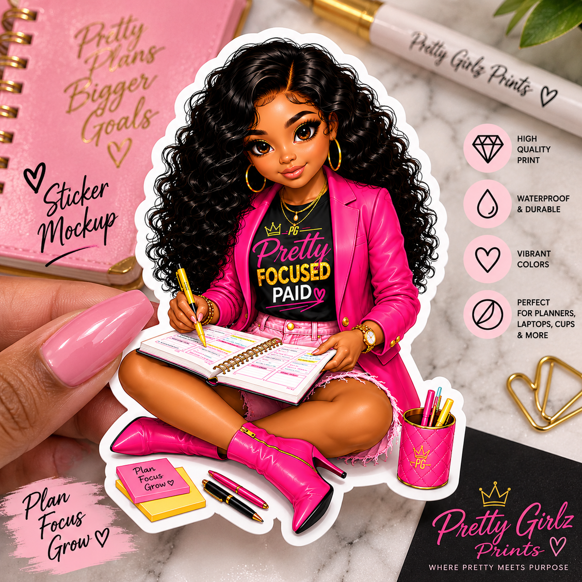 Pretty Focused Paid boss girl sticker – Black girl illustration in hot pink blazer, waterproof vinyl sticker for planners and laptops