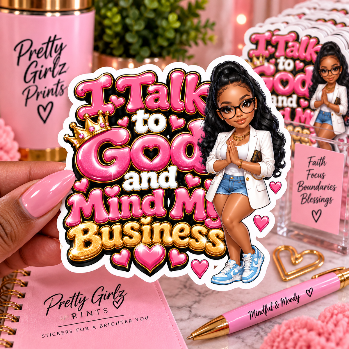 I Talk to God and Mind My Business die-cut sticker – Black girl illustration with pink and gold balloon lettering, waterproof vinyl sticker